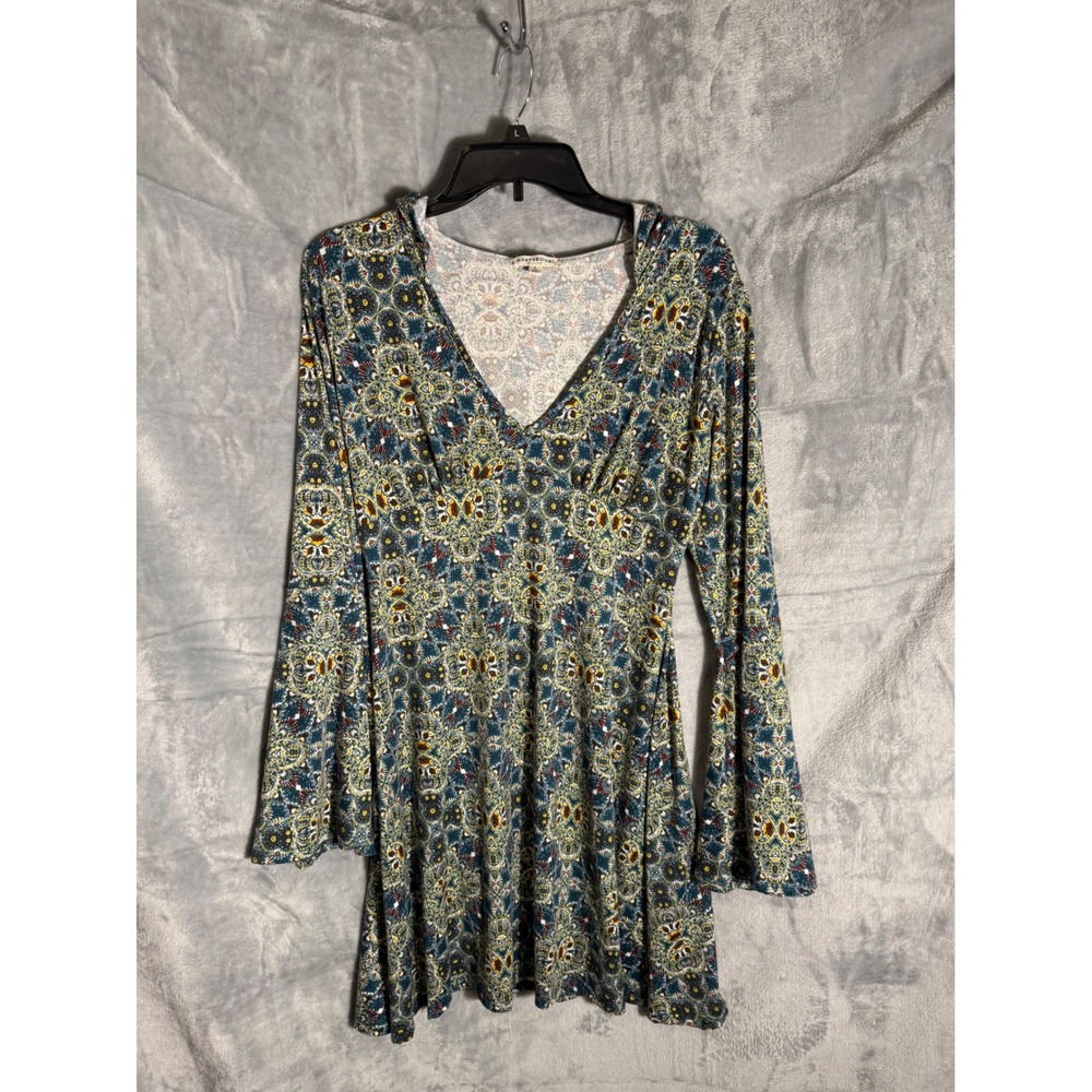 Earthbound Trading Co Teal Paisley Bell Sleeve hoodie Mini Dress Womens Large